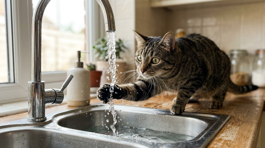Mutfak tezgahında lavaboya akan musluk suyuna patisiyle dokunmaya çalışan tekir kedi ve arkada pencere önü