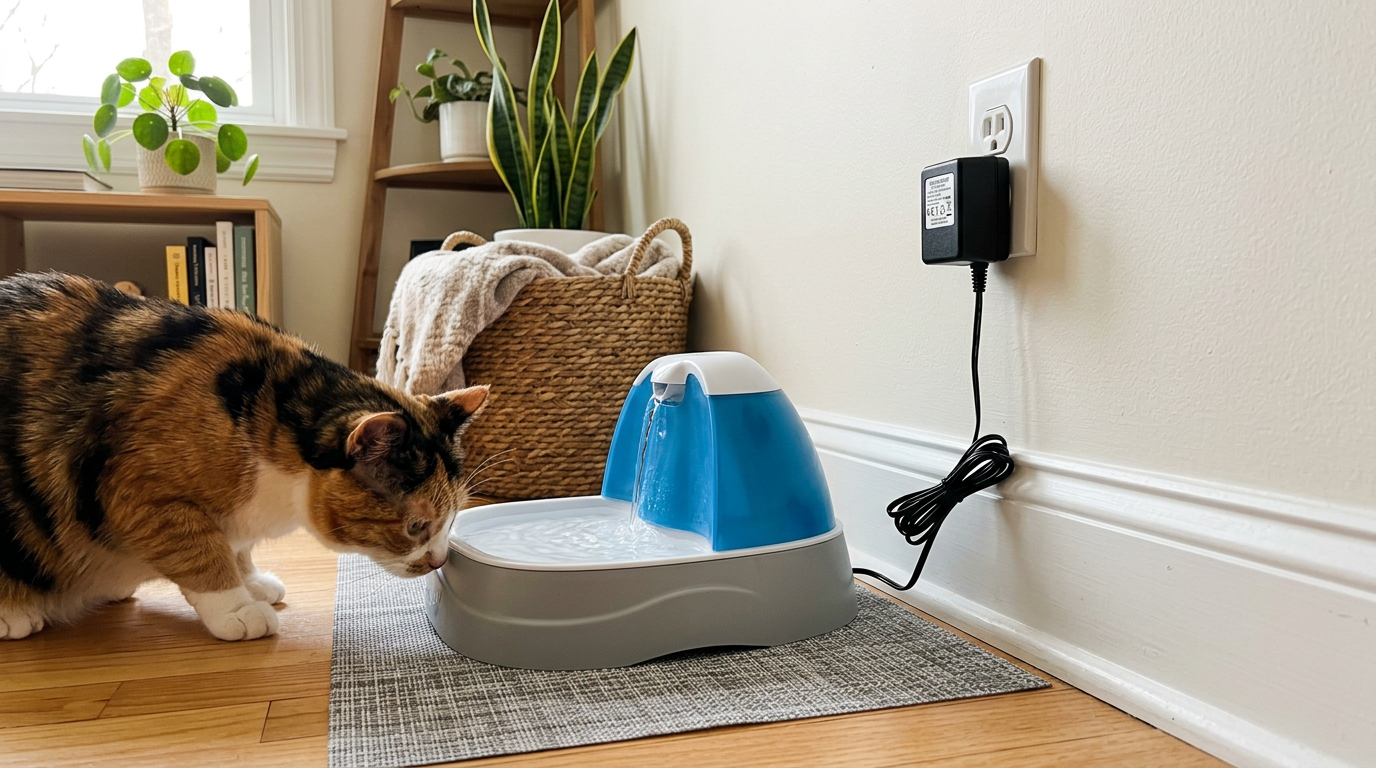 Prizdeki adaptöre bağlı mavi ve gri renkli elektrikli su pınarını inceleyen alacalı kedi.