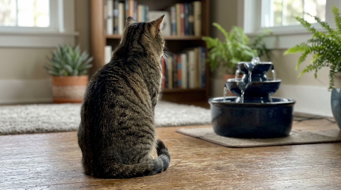 Oturma odasında sırtı dönük oturan tekir kedi, sağ tarafında katlı mavi seramik kedi su pınarı, arkada kitaplık ve ev bitkileri