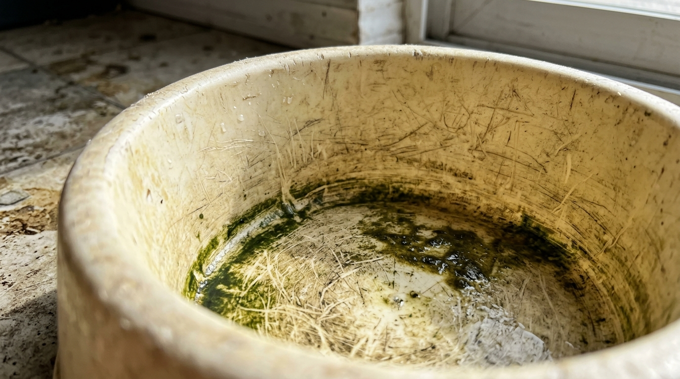 İçinde yosun ve kir tabakası oluşmuş, yoğun şekilde çiziklerle dolu plastik kedi su kabının yakın çekim makro fotoğrafı