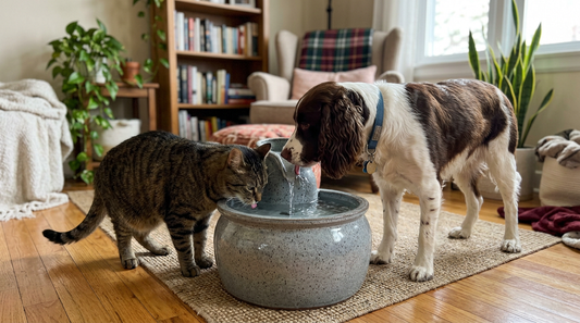 Oturma odasında seramik su pınarından birlikte su içen tekir kedi ve köpek