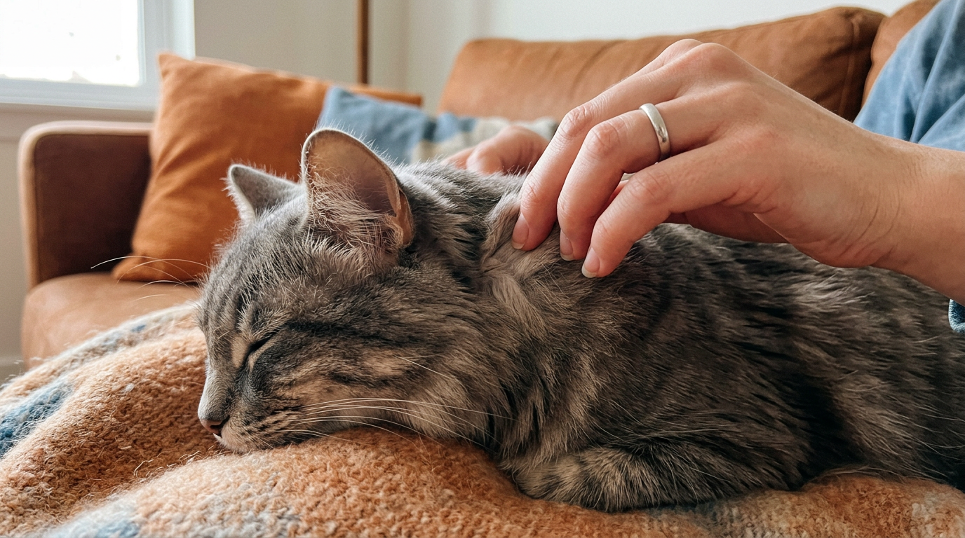 Koltukta battaniye üzerinde uyuyan gri tekir kedi ve onun sırtındaki deriyi parmaklarıyla kontrol eden insan eli