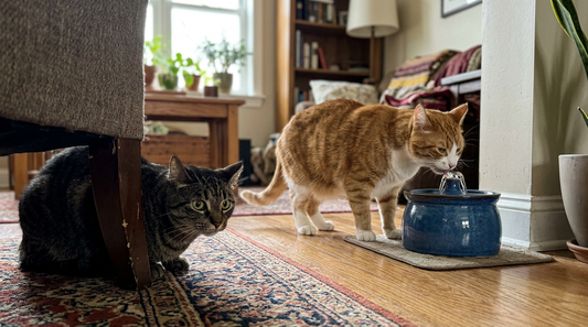 Oturma odasında mavi su pınarından su içen sarman kedi ve koltuk arkasından bakan tekir kedi