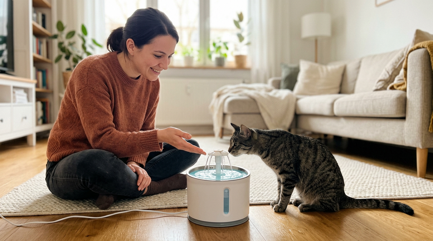 Mutfak zemininde otomatik su pınarını gösteren kadın ve tekir kedi
