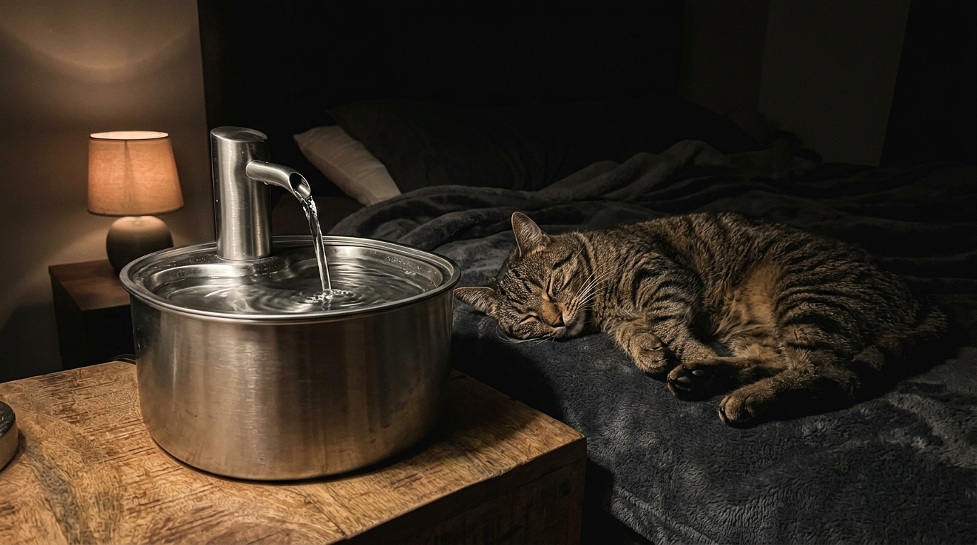Karanlık yatak odasında, komodin üzerindeki metal kedi su pınarından su akarken yatakta huzurla uyuyan tekir kedi