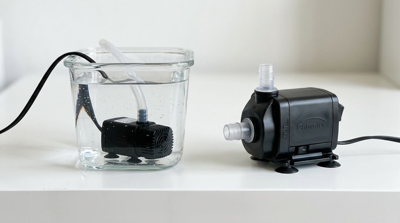 Beyaz zeminde, içi su dolu cam kapta çalışan küçük dalgıç pompa ve sağında "Catwater" markalı daha büyük bir kedi su pınarı motoru