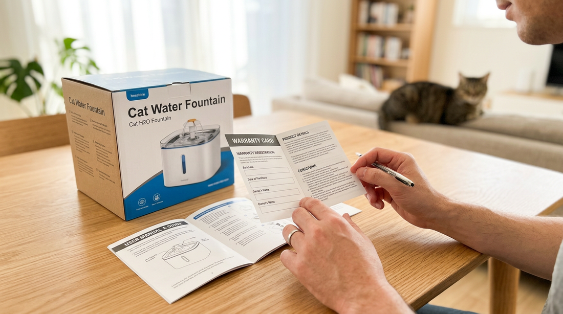 Masada "Cat Water Fountain" kutusu önünde garanti belgesi ve kullanım kılavuzunu inceleyen adam ile arka planda koltukta oturan kedi