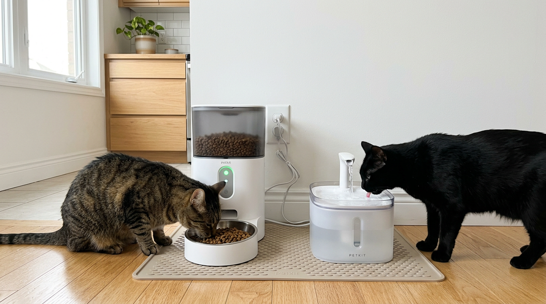Otomatik mamamatikten mama yiyen tekir kedi ve su çeşmesinden su içen siyah kedi.
