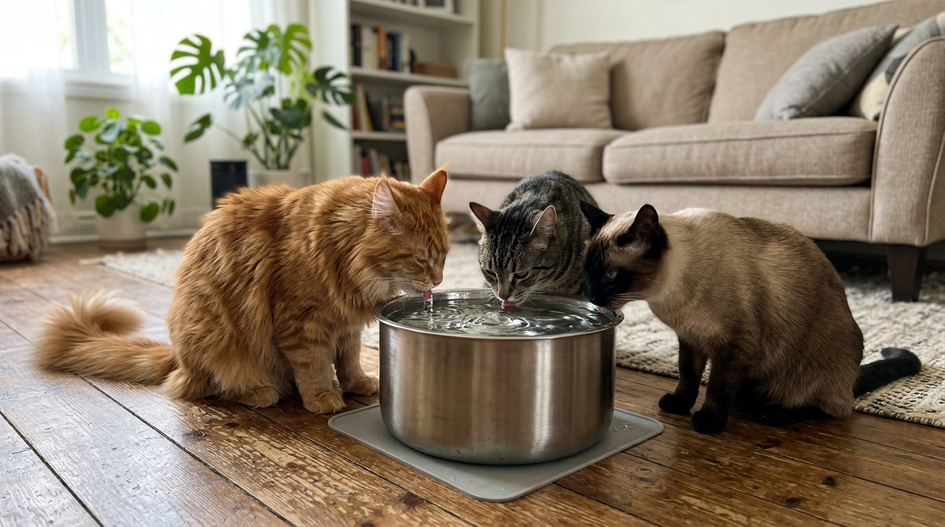 Metal tencereden su içen üç farklı kedi ve arkada koltukla bitkilerin olduğu oturma odası