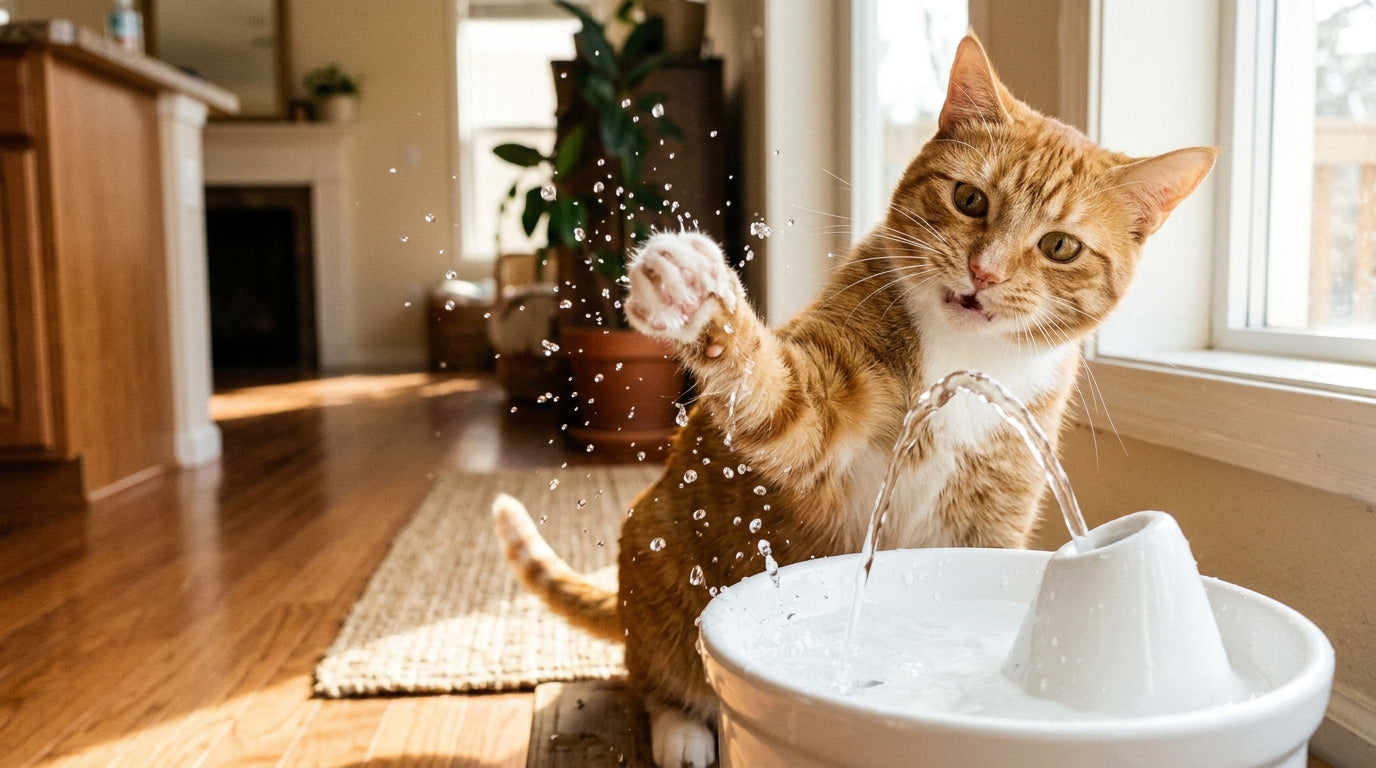 Su pınarından akan suyla patisiyle oynayan ve su damlacıkları saçan sarman kedi