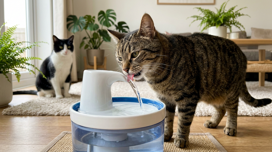 Oturma odasında akan kedi su pınarından su içen tekir kedi, arkada onu izleyen siyah-beyaz kedi ve ev bitkileri