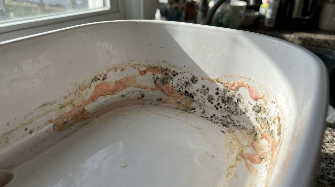 Beyaz plastik su pınarı haznesinin iç çeperinde birikmiş pembe biyofilm tabakası ve siyah küf lekeleri