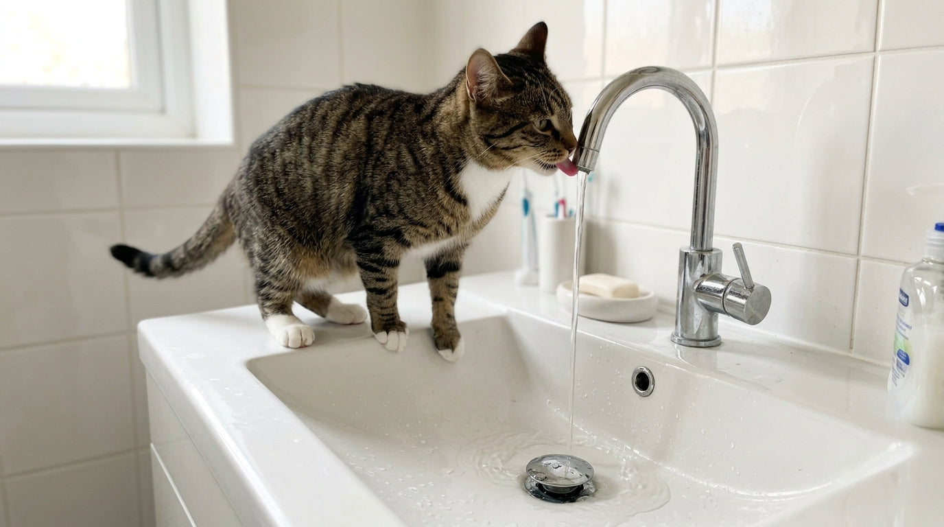 Lavabo kenarında durup musluktan akan suyu yalayarak içen tekir kedi