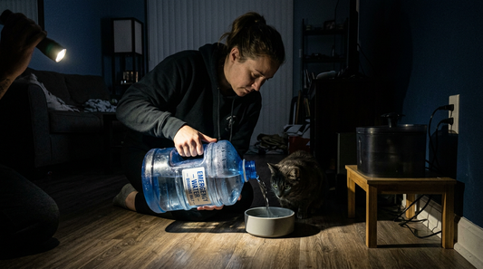 Karanlık odada el feneri ışığı altında acil durum su bidonundan kaba su dolduran kadın ve yanındaki kedi