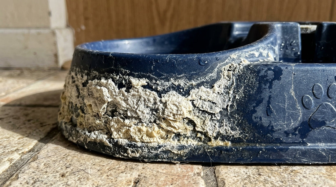 Mavi plastik evcil hayvan kabının kenarında yoğun şekilde birikmiş beyaz kireç ve tortu tabakasının yakın çekimi