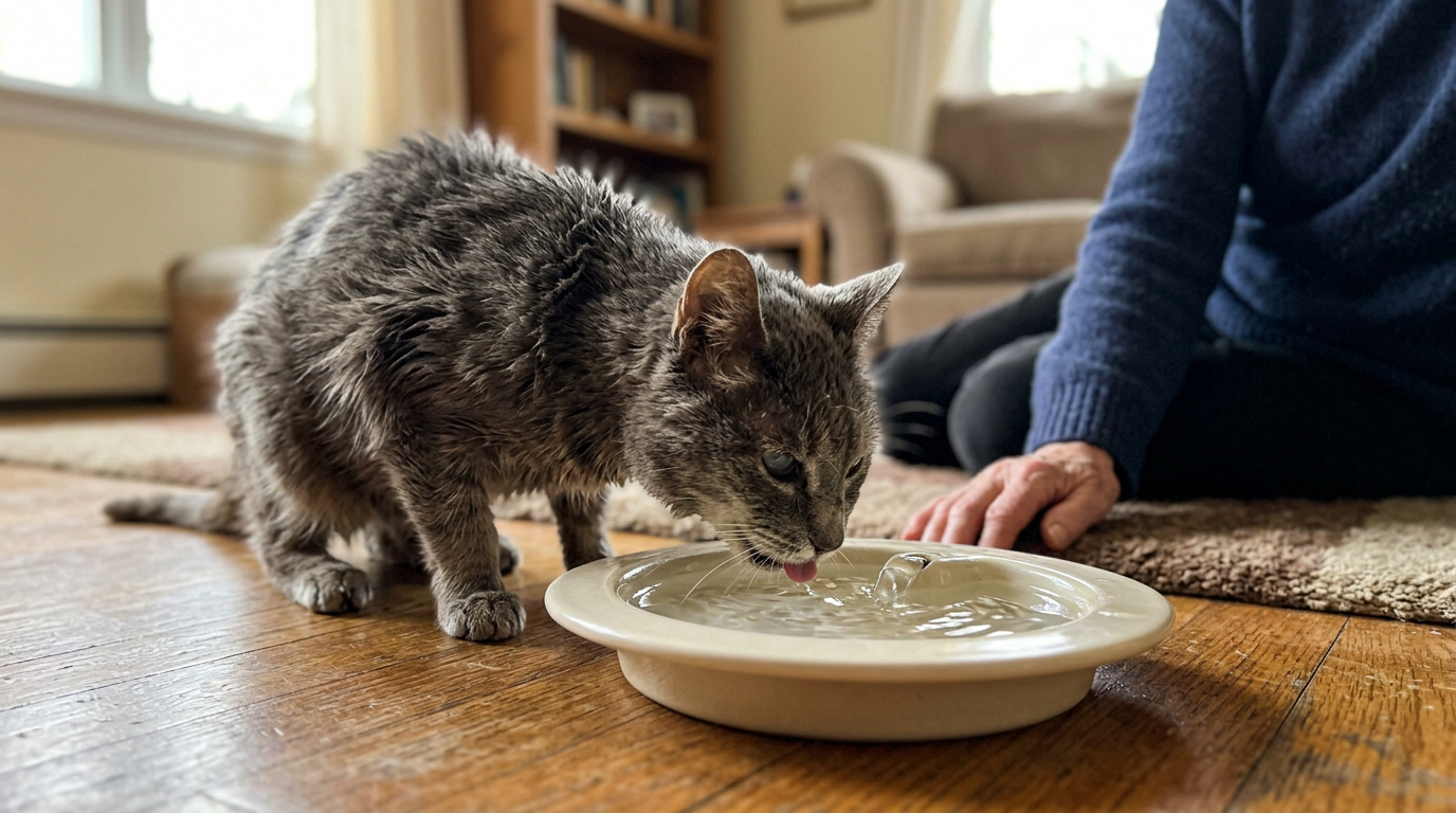 Oturma odasında seramik su kabından su içen gri kedi ve yerde oturan insan