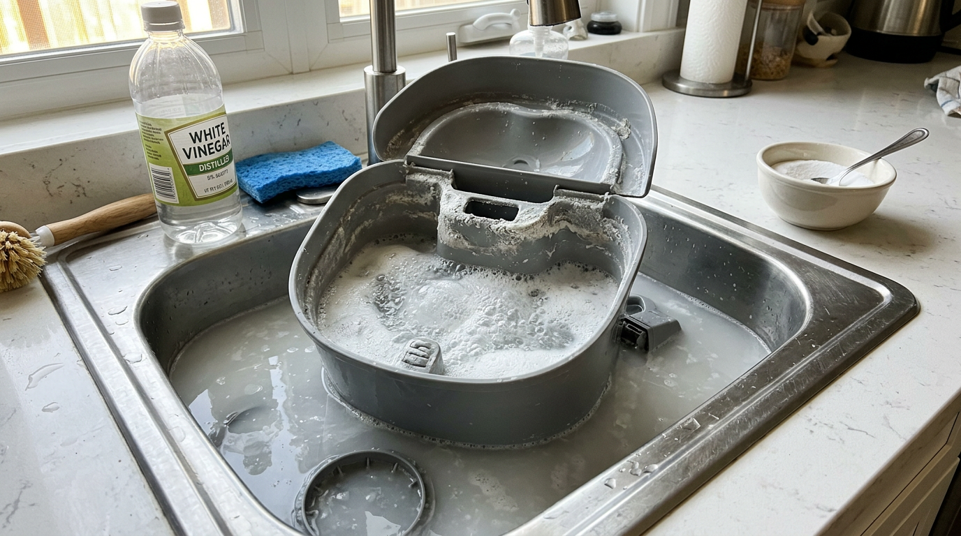 Mutfak lavabosunda beyaz sirke ve karbonat köpüğüyle temizlenen, üzerinde kireç lekeleri olan gri kedi su pınarı haznesi
