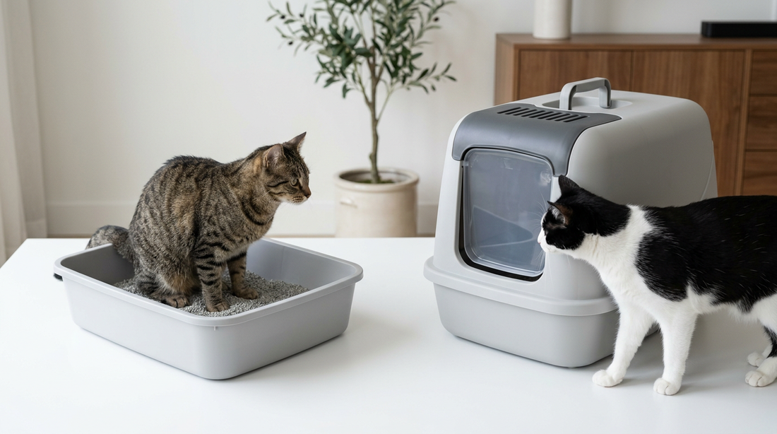 Açık kedi tuvaletinde oturan tekir kedi ile yanındaki kapalı kedi tuvaletini inceleyen siyah beyaz kedi