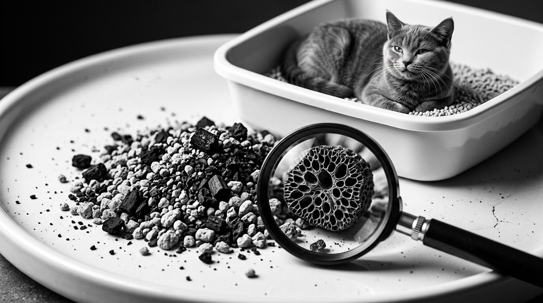 Paspas üzerindeki açık kedi kabında oturan kaliko kedi, yerdeki aktif karbon parçaları ve yanındaki temizlik küreği