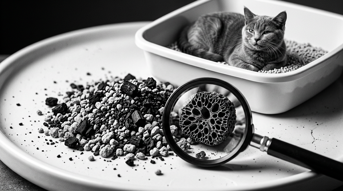 Paspas üzerindeki açık kedi kabında oturan kaliko kedi, yerdeki aktif karbon parçaları ve yanındaki temizlik küreği