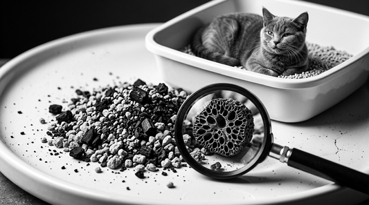Paspas üzerindeki açık kedi kabında oturan kaliko kedi, yerdeki aktif karbon parçaları ve yanındaki temizlik küreği
