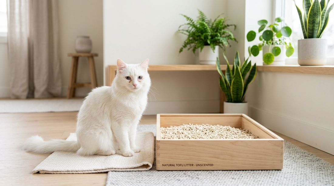 Ahşap kap içindeki kokusuz tofu kedi kumu yanında paspas üzerinde oturan mavi gözlü beyaz kedi ve ev bitkileri