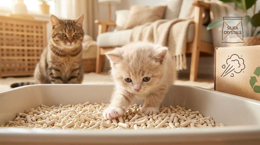 Pelet kedi kumu kabındaki yavru kedi, arkada oturan yetişkin tekir kedi ve sağda tozsuz, silikasız ürün ikonları