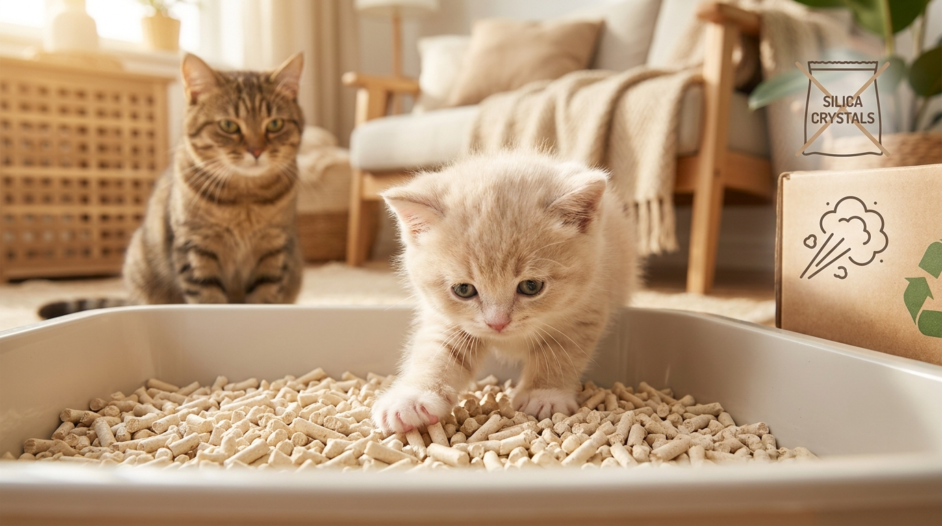 Pelet kedi kumu kabındaki yavru kedi, arkada oturan yetişkin tekir kedi ve sağda tozsuz, silikasız ürün ikonları
