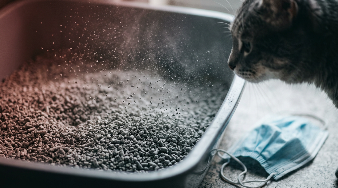 Toz çıkaran bentonit kedi kumuna bakan kedi ve kabın yanında duran koruyucu cerrahi maske