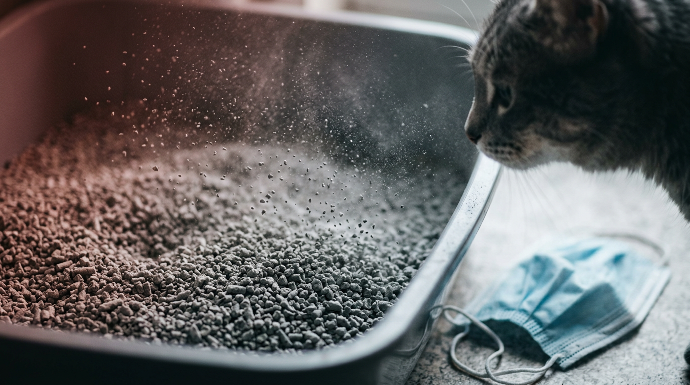 Toz çıkaran bentonit kedi kumuna bakan kedi ve kabın yanında duran koruyucu cerrahi maske