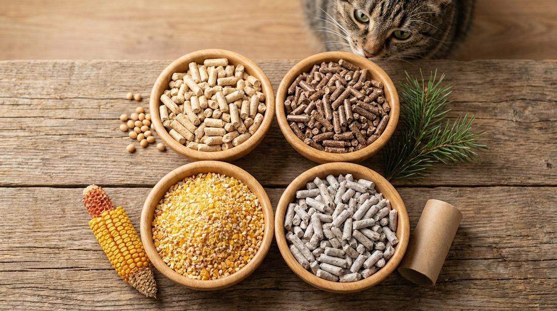 Ahşap masadaki dört kasede soya, çam, mısır ve kağıt bazlı bitkisel kedi kumları ile köşeden bakan tekir kedi