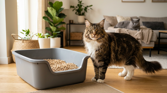 Büyük gri kedi tuvaleti yanında duran uzun tüylü Maine Coon cinsi kedi ve arkada koltukta uyuyan gri kedi