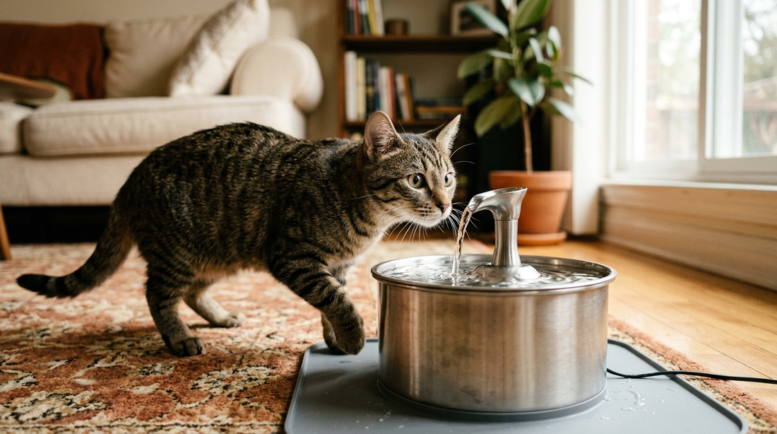 Oturma odasında halı üzerindeki metal kedi su pınarına yaklaşarak akan suyu inceleyen tekir kedi ve arkada ev ortamı