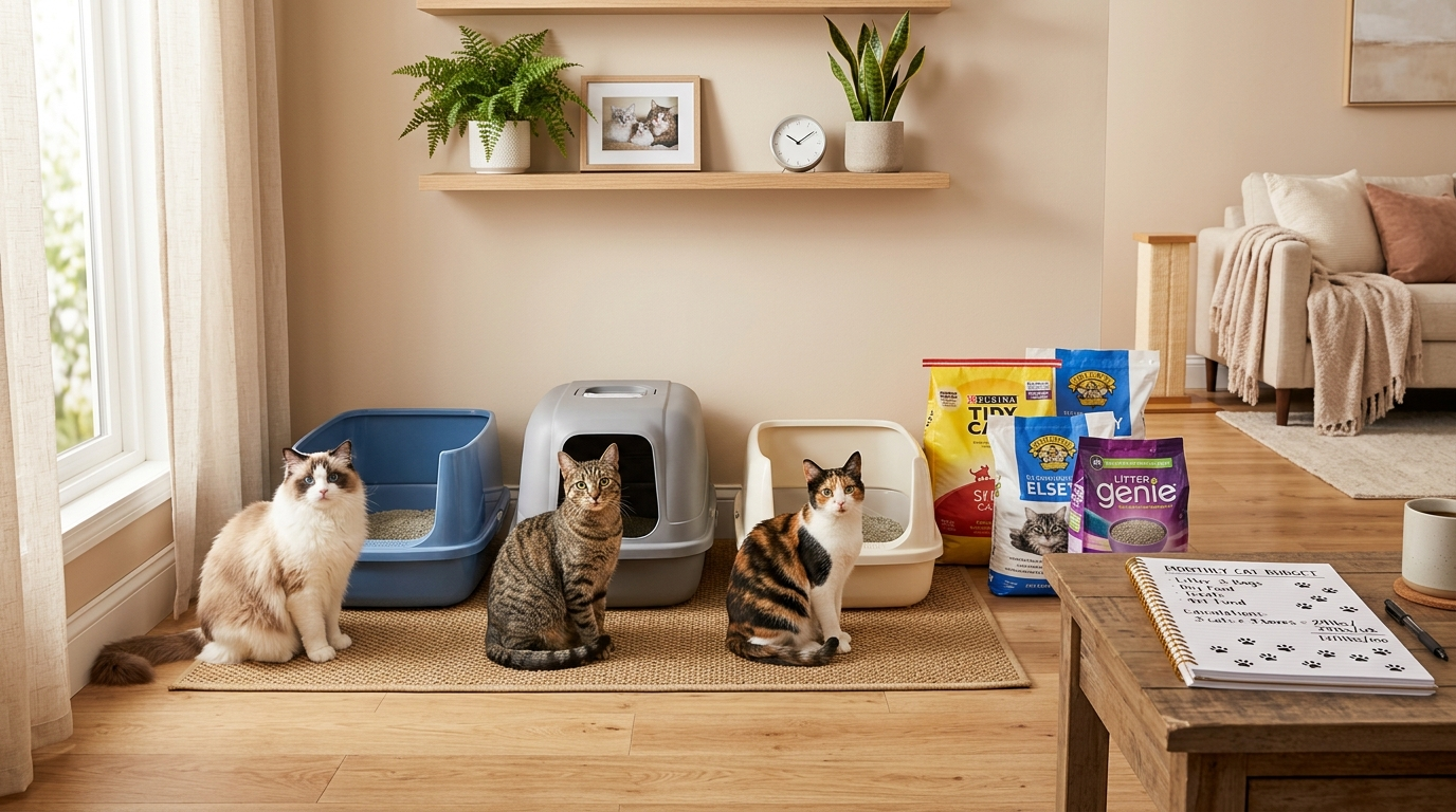 Yan yana dizili üç kedi tuvaletinin önünde oturan üç farklı kedi, arkada kum paketleri ve bütçe not defteri