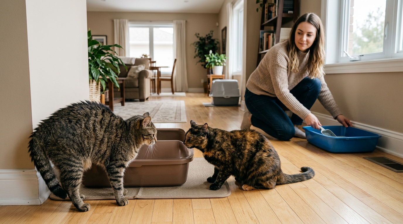 Kum kabı önünde karşı karşıya gelen iki kedi ve arkada mavi renkli kedi tuvaletini temizleyen kadın