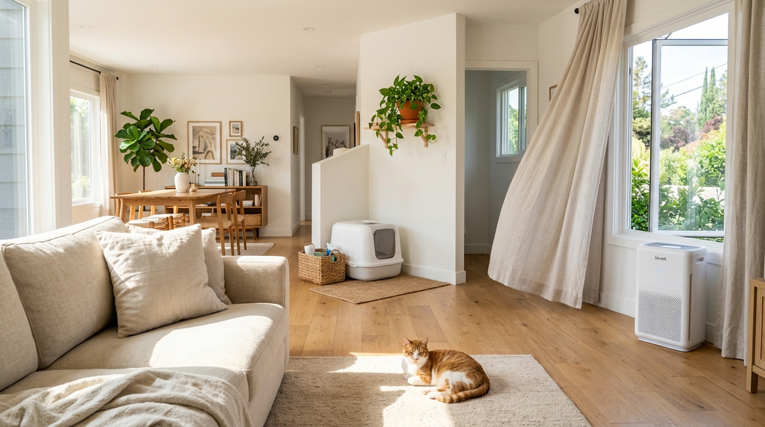 Geniş bir salon ortasında yatan sarı beyaz kedi, arkada koridorda kapalı kedi tuvaleti ve pencere önünde hava temizleme cihazı