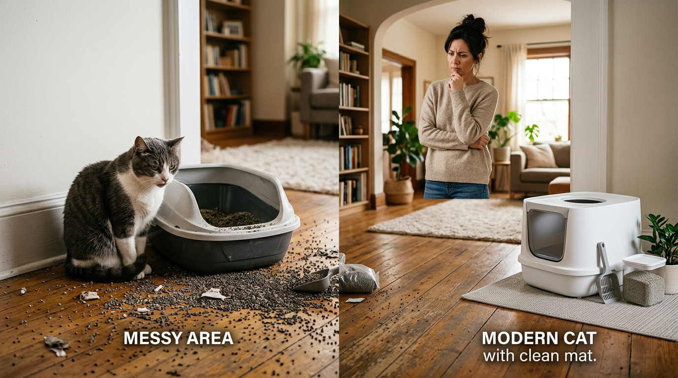 Dağınık kedi kumu yanında oturan kedi ile modern kapalı tuvalete endişeyle bakan kadını karşılaştıran iki parçalı görsel
