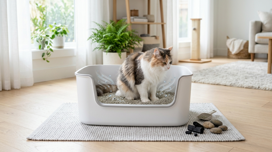 Paspas üzerindeki açık kedi kabında oturan kaliko kedi, yerdeki aktif karbon parçaları ve yanındaki temizlik küreği