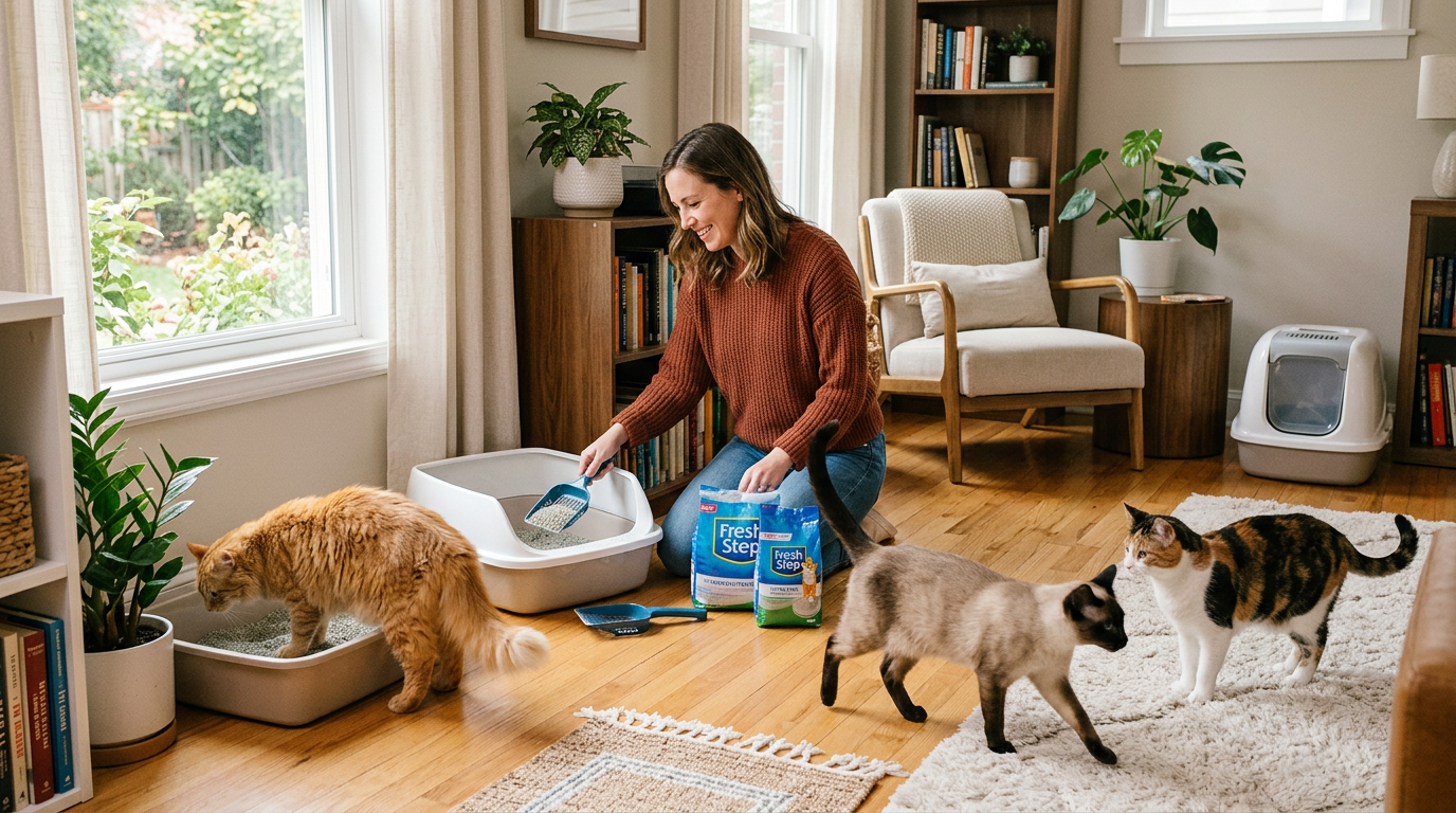 Kedi kumunu temizleyen kadın, etraftaki kediler, kum paketleri ve odadaki farklı kedi tuvaletleri