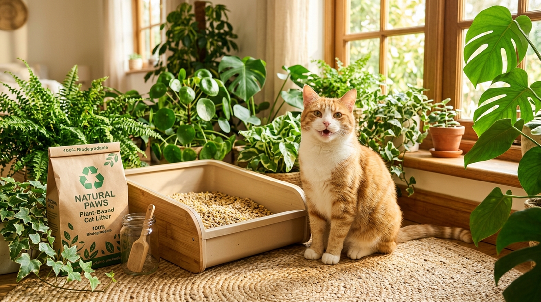 Bitkisel kedi kumu torbası, ahşap kum kabı ve yeşil bitkiler arasında oturan miyavlayan sarı beyaz kedi