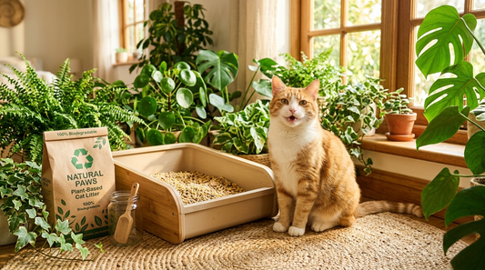 Bitkisel kedi kumu torbası, ahşap kum kabı ve yeşil bitkiler arasında oturan miyavlayan sarı beyaz kedi