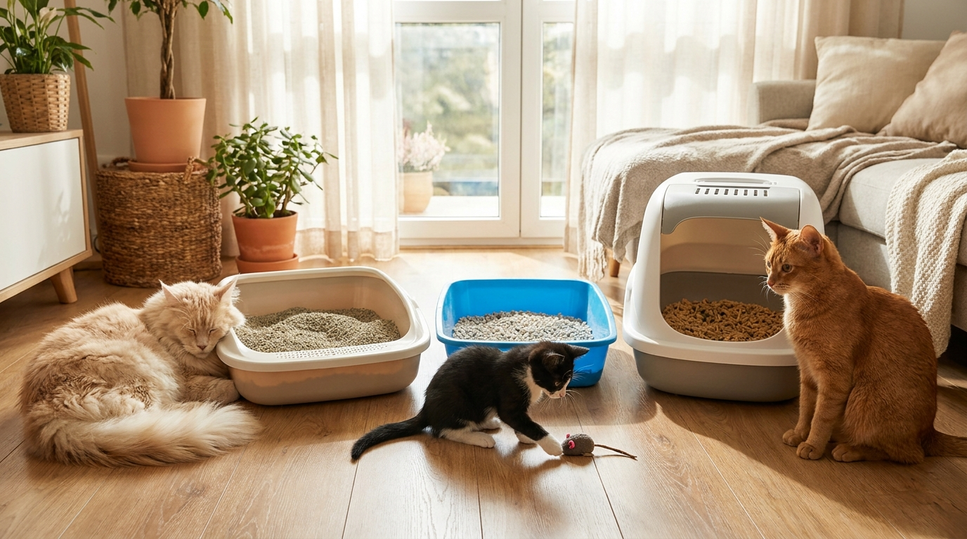 Oturma odasında farklı kedi kumları içeren açık ve kapalı kedi tuvaletleri ve yanlarındaki üç kedi