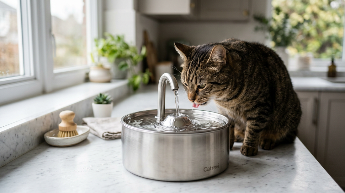 Üstünce catrevi yazan Paslanmaz çelik su çeşmesinden su içen kedi 