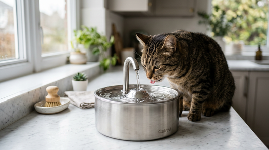 Üstünce catrevi yazan Paslanmaz çelik su çeşmesinden su içen kedi 