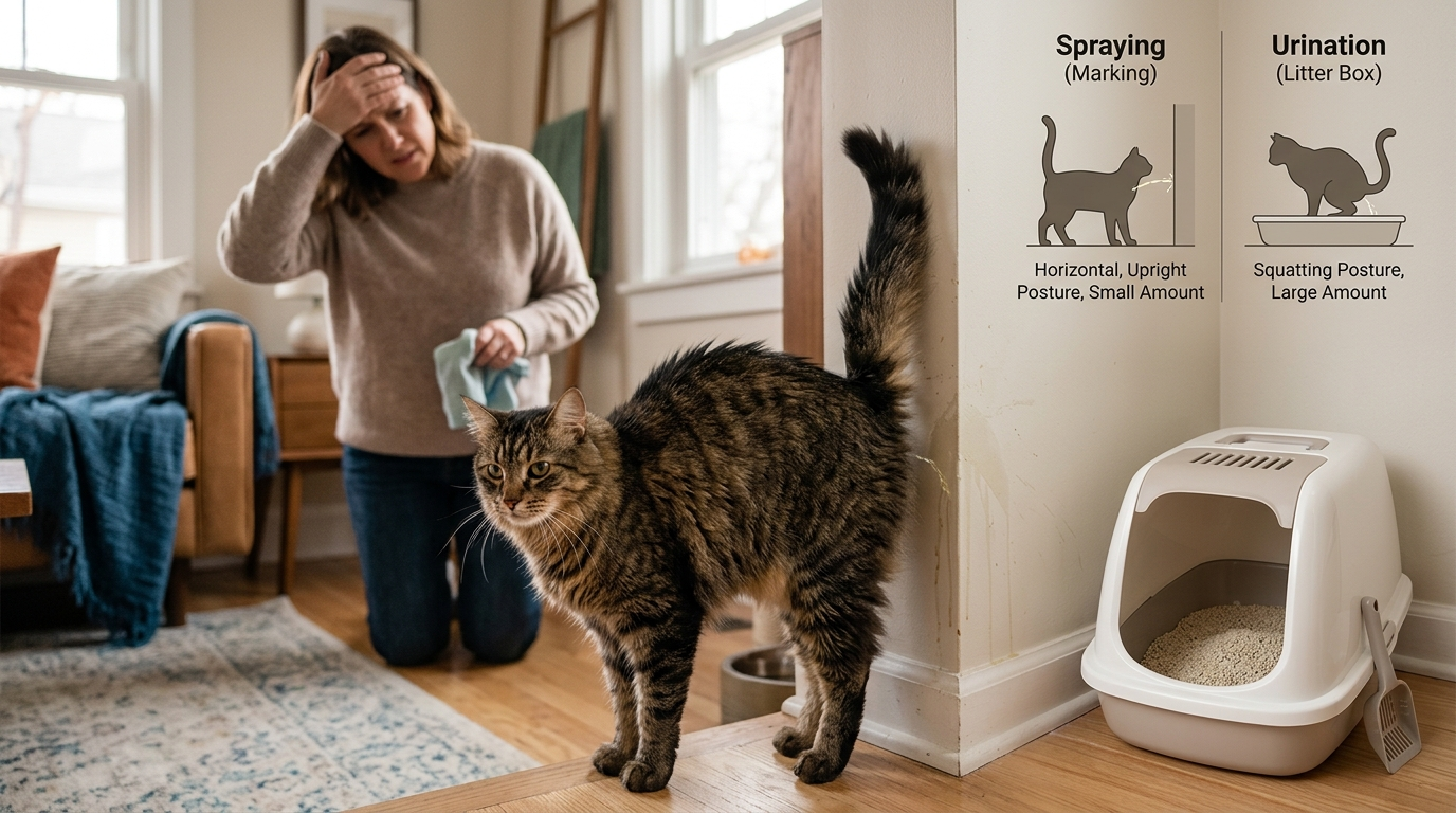Duvara idrar püskürten kedi, arkada elini başına götürmüş üzgün kadın ve püskürtme ile normal idrar farkı infografiği