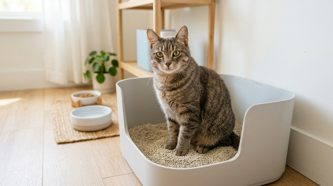 Açık kedi tuvaletinin içinde oturan tekir kedi, arkada mama kapları ve ahşap raf ünitesi
