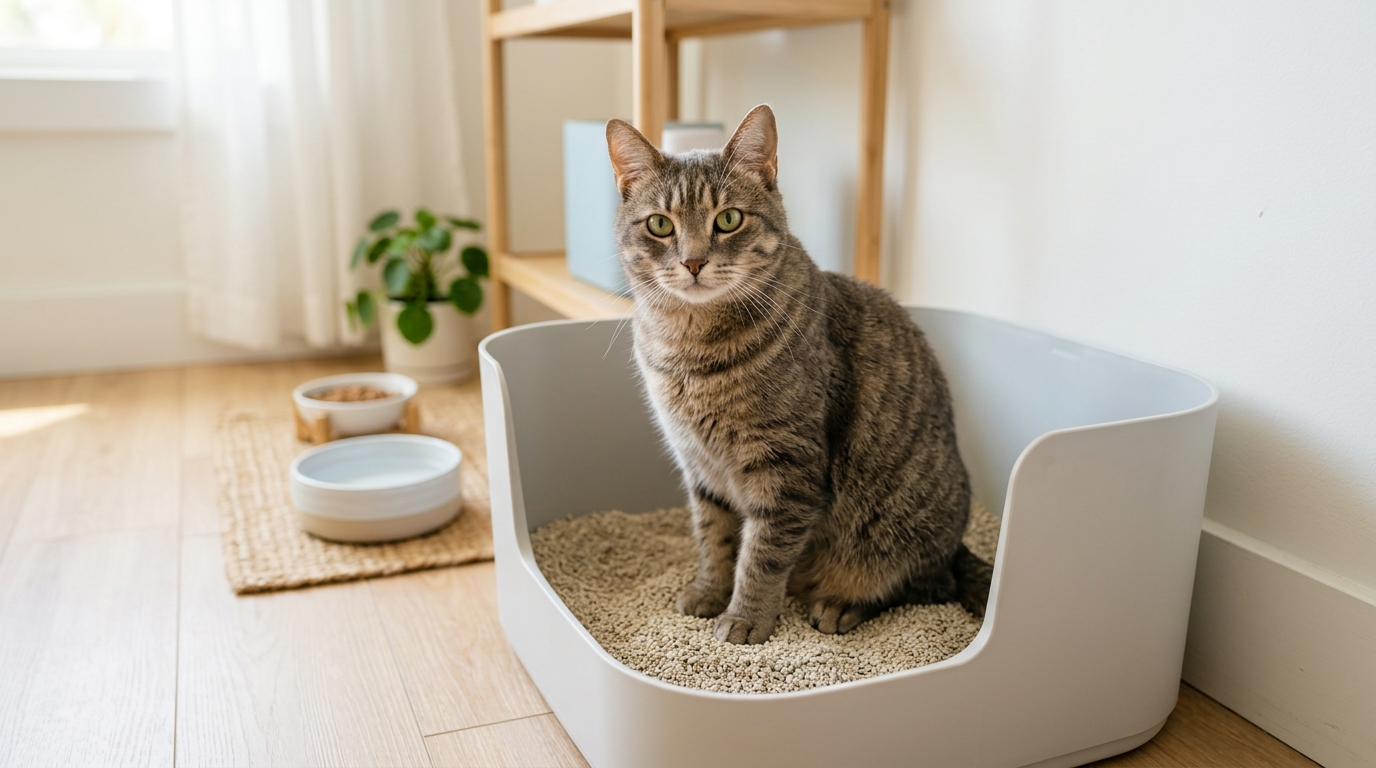 Açık kedi tuvaletinin içinde oturan tekir kedi, arkada mama kapları ve ahşap raf ünitesi
