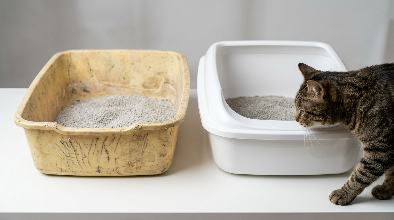 Yıpranmış, çiziklerle dolu eski kedi tuvaleti ile yanında duran yeni, tertemiz mavi kedi kabını inceleyen meraklı tekir kedi