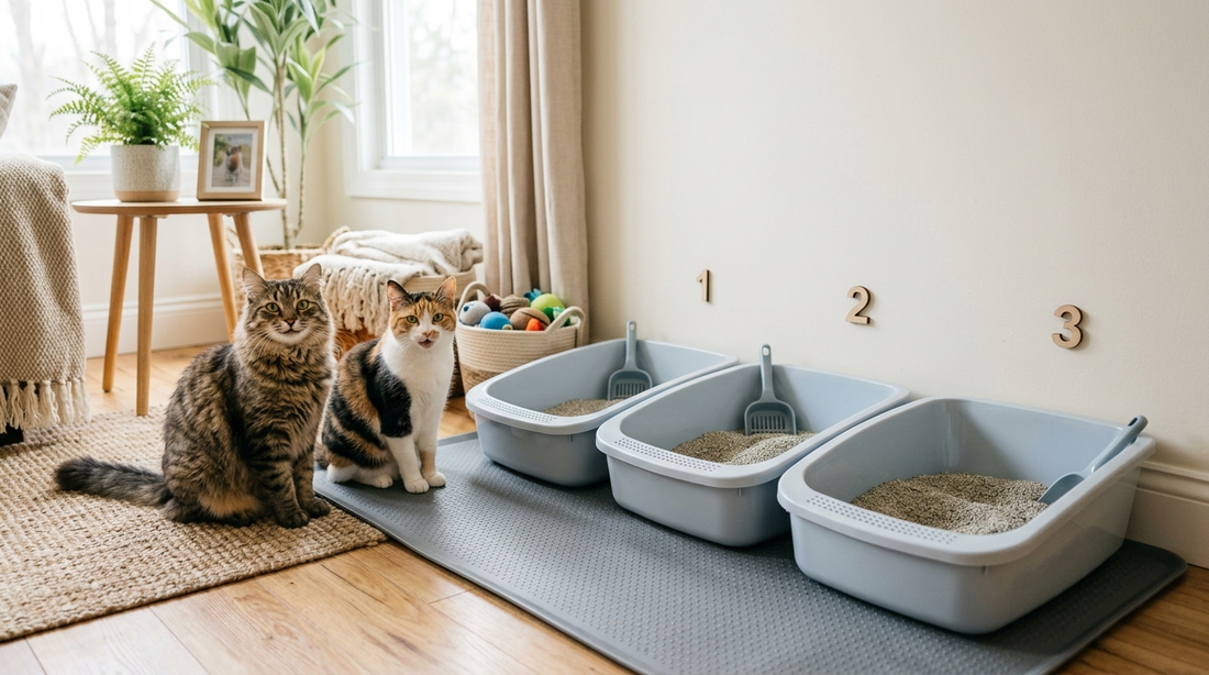 Numaralandırılmış üç kedi tuvaletinin yanında oturan iki kedi, arkada oyuncak sepeti ve ev bitkileri