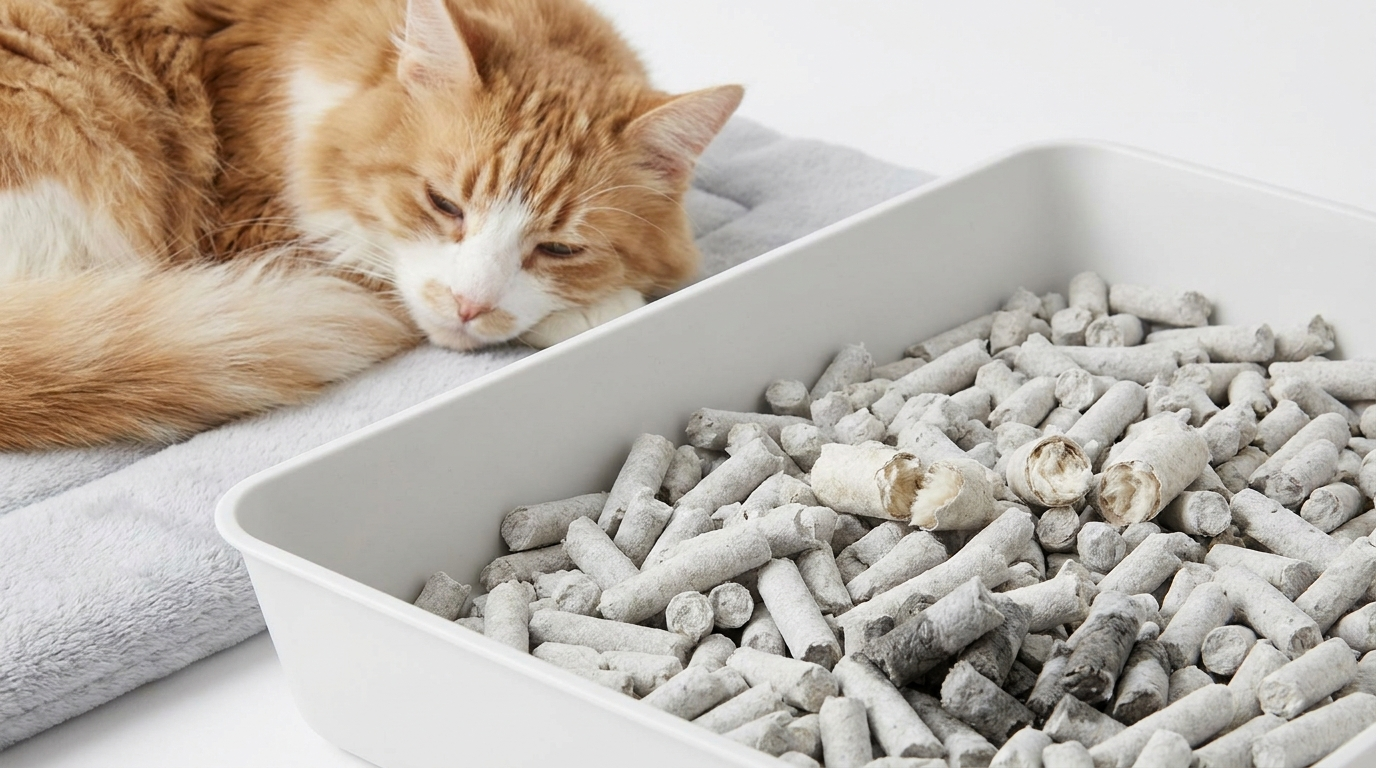 Beyaz kum kabı içinde gri renkli kağıt kedi kumu peletleri ve yanında gri minderde uyuyan sarı beyaz kedi